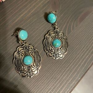 silver western-style dangle earrings turquoise-colored stones navajo jewelry